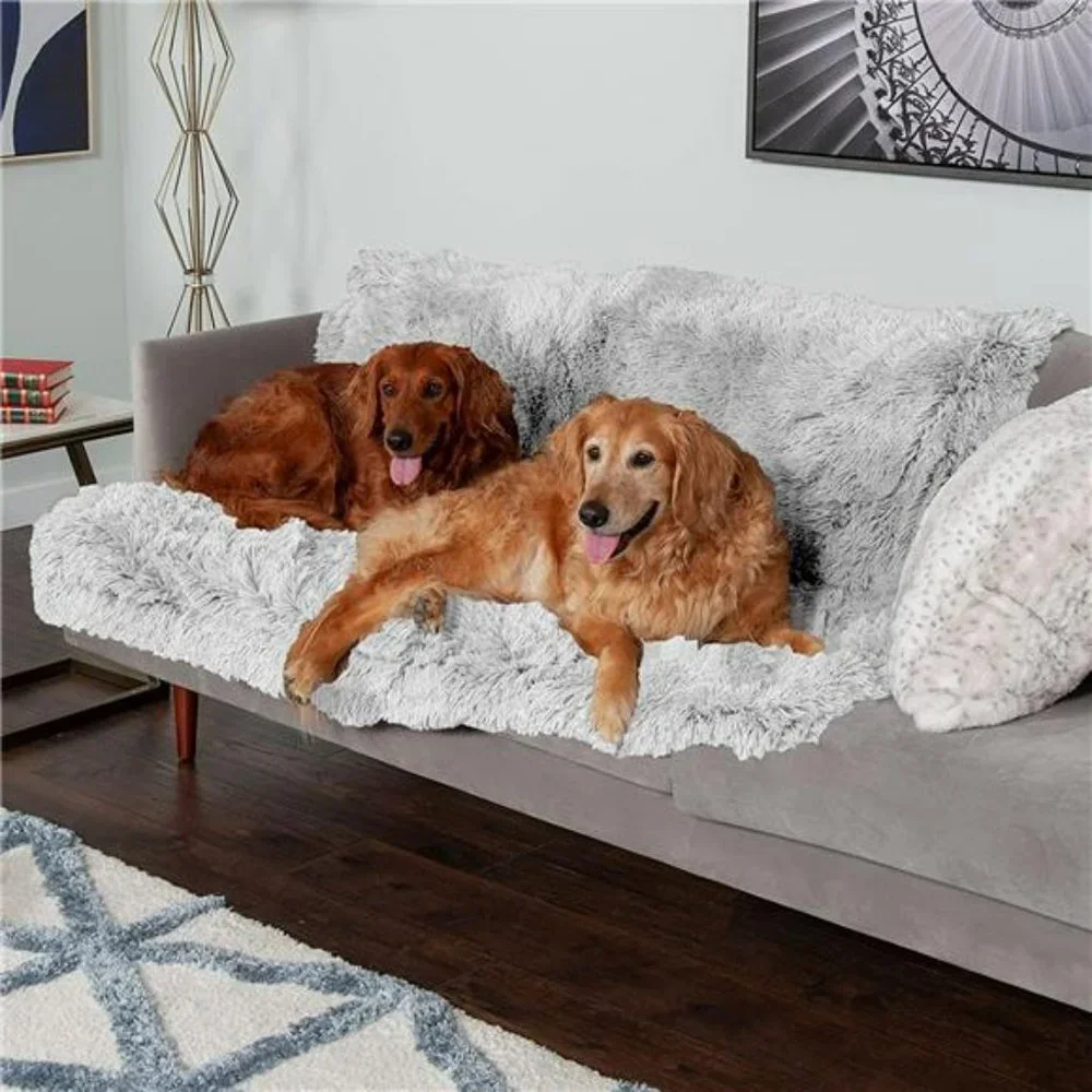 XL Waterproof Plush Long Faux Fur & Velvet Dog Blanket, Washable - Mist Gray